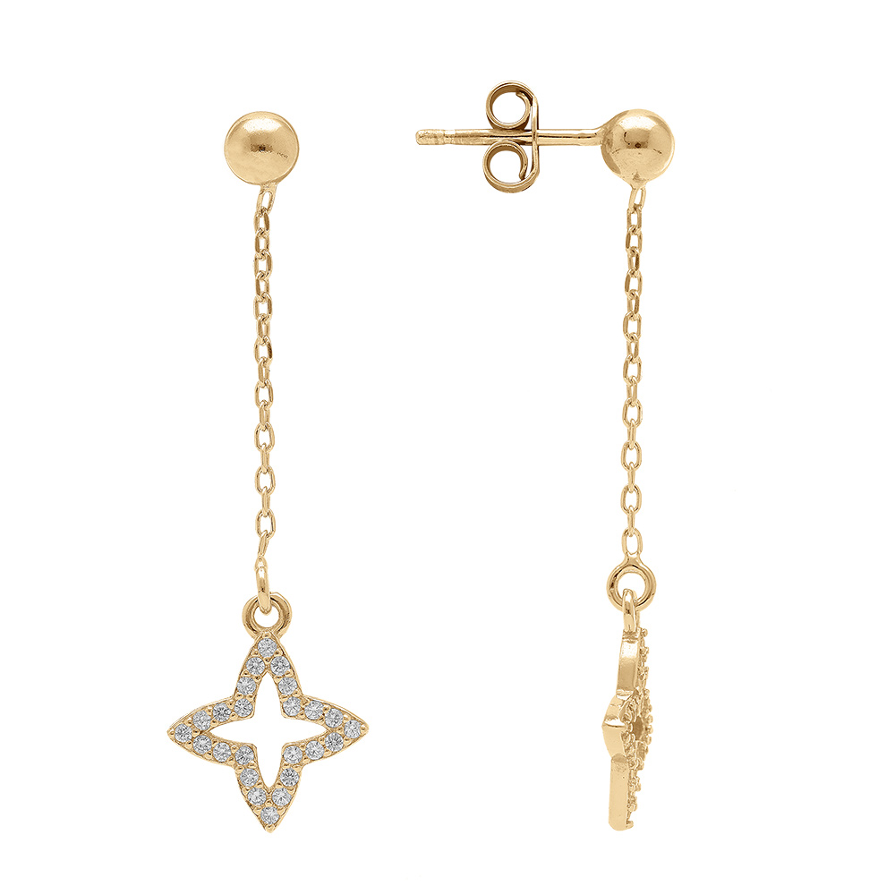 Boucles d\'oreille pendante tige en argent dor� avec tr�fle d\'oxydes blancs sertis - Vue 2