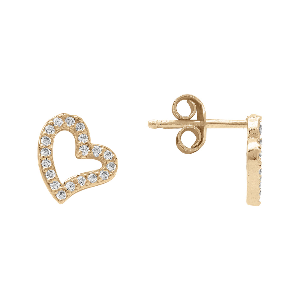 Boucles d\'oreille tige en argent dor� forme coeur entour� d\'oxydes blancs sertis - Vue 2