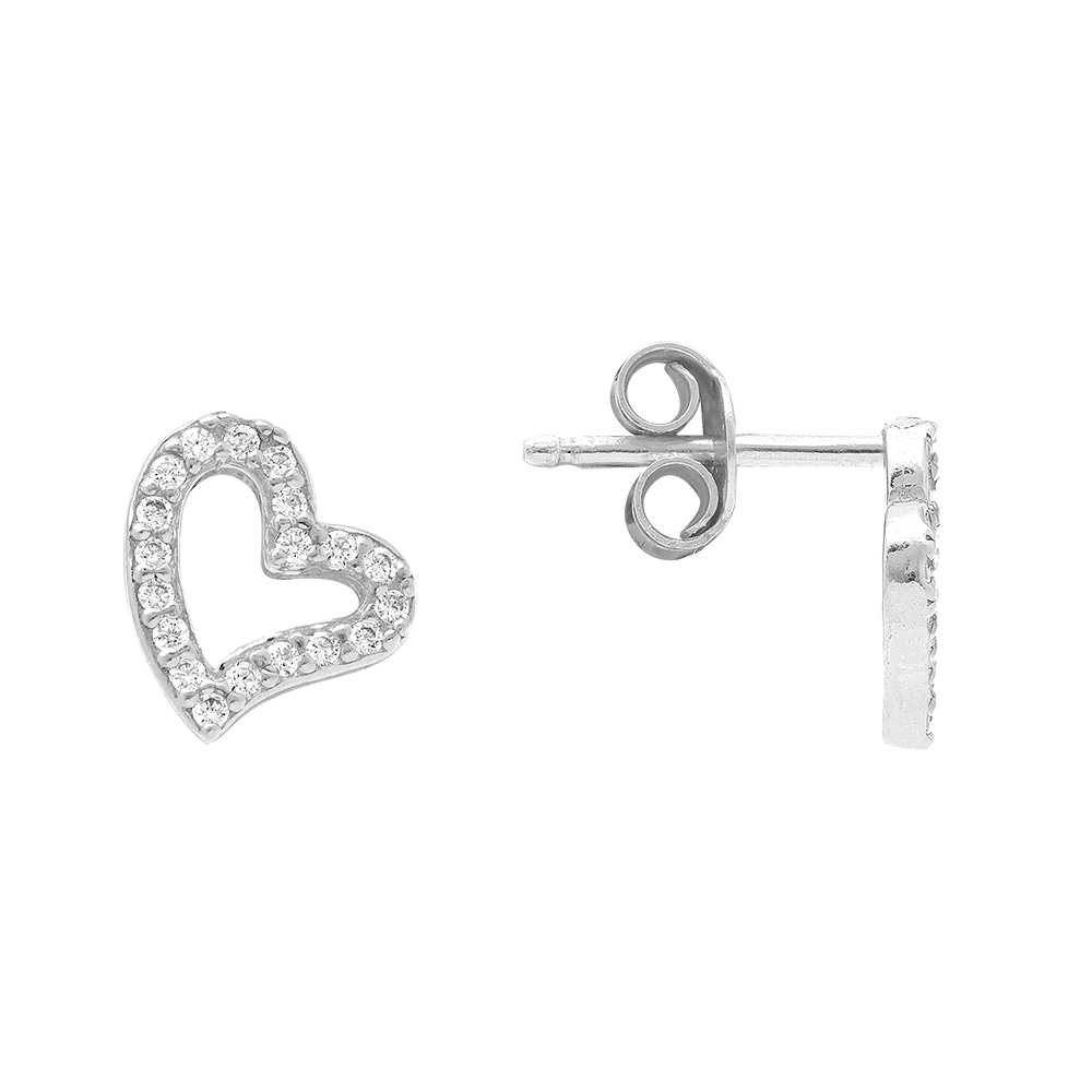 Boucles d\'oreille tige en argent rhodi� forme coeur avec oxydes blancs sertis - Vue 2