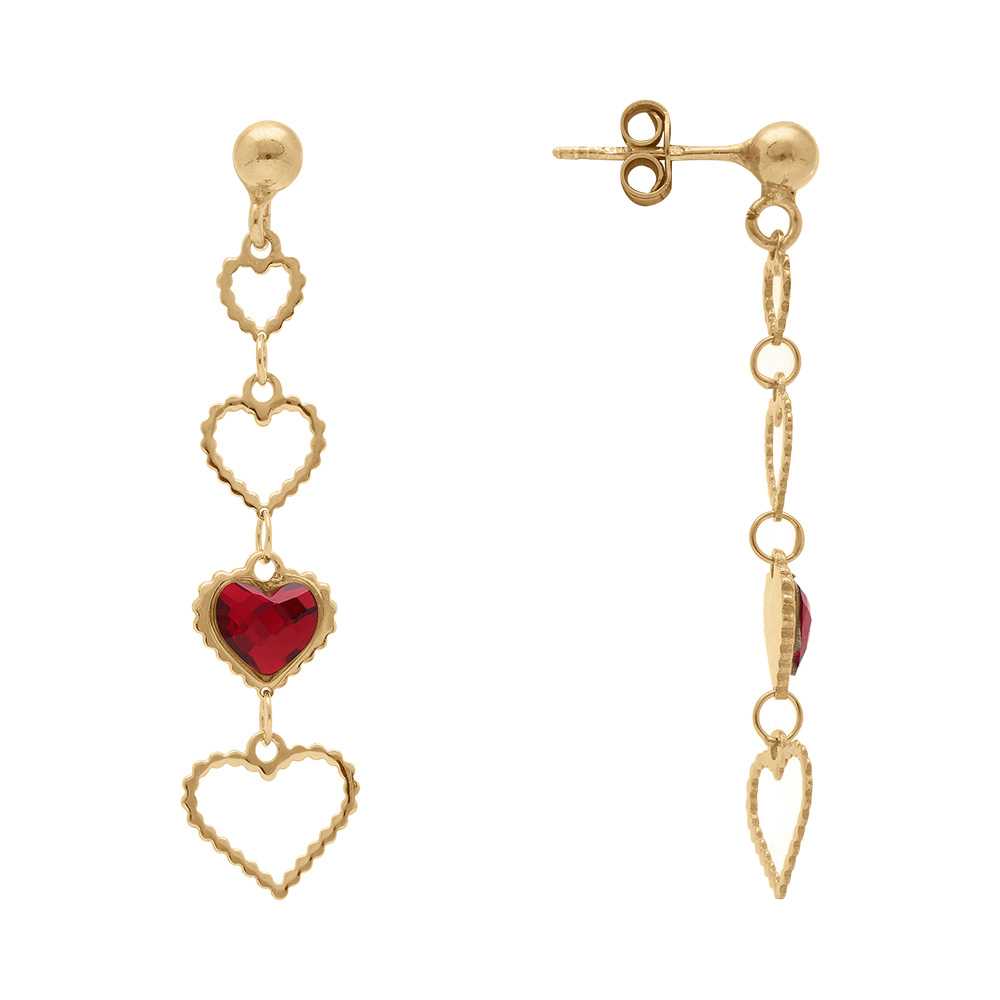 Boucles d\'oreille pendante tige en argent dor� coeurs ajour�s et oxyde rouge - Vue 2