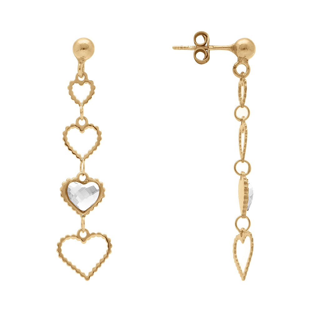 Boucles d\'oreille pendante tige en argent dor� coeurs ajour�s et oxyde blanc - Vue 2