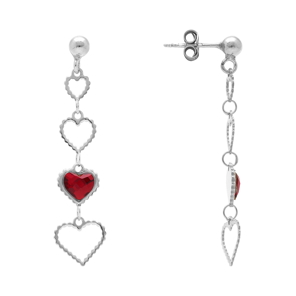 Boucles d\'oreille pendante tige en argent rhodi� coeurs ajour�s et un oxyde rouge - Vue 2