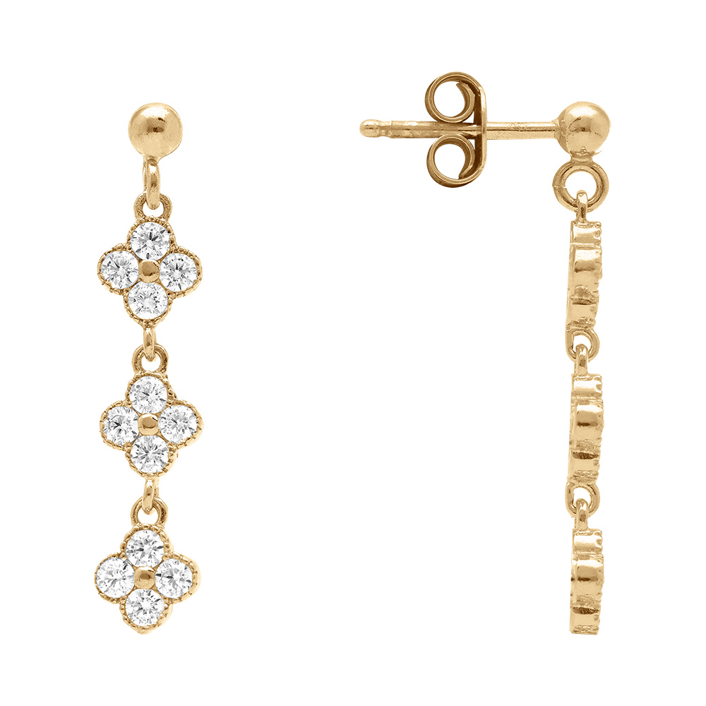 Boucles d\'oreille pendante tige en argent dor� avec fleurs pav�es d\'oxydes blancs sertis - Vue 2