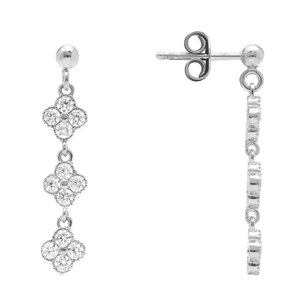 Boucles d\'oreille pendante tige argent rhodi� multi fleurs orn�es d\'oxydes blancs sertis - Vue 2