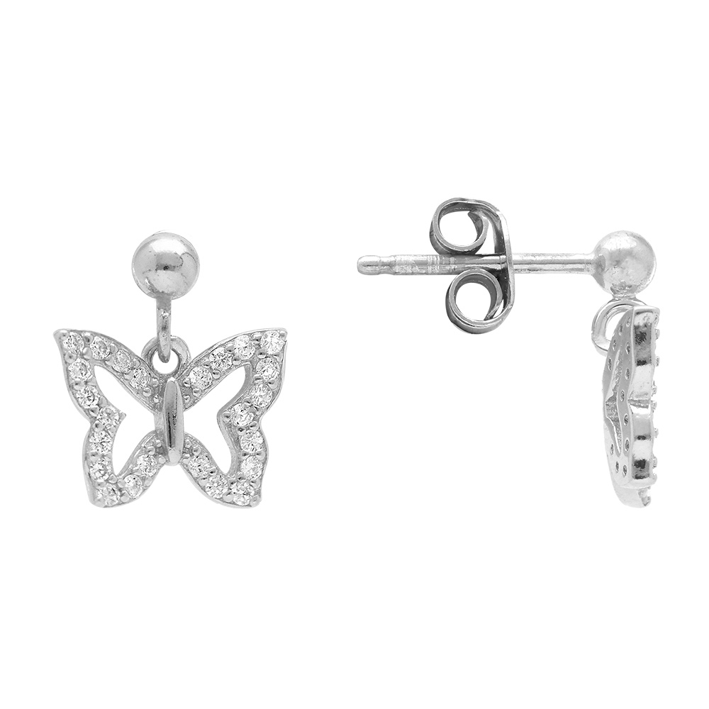Boucles d\'oreille tige en argent rhodi� forme papillons entour� d\'oxydes blancs sertis - Vue 2