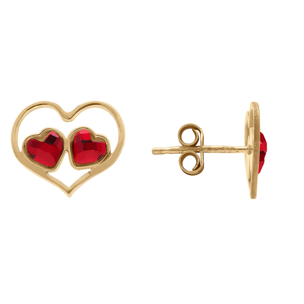 Boucles d\'oreille tige en argent dor� forme coeur ajour� et deux oxydes rouges - Vue 2
