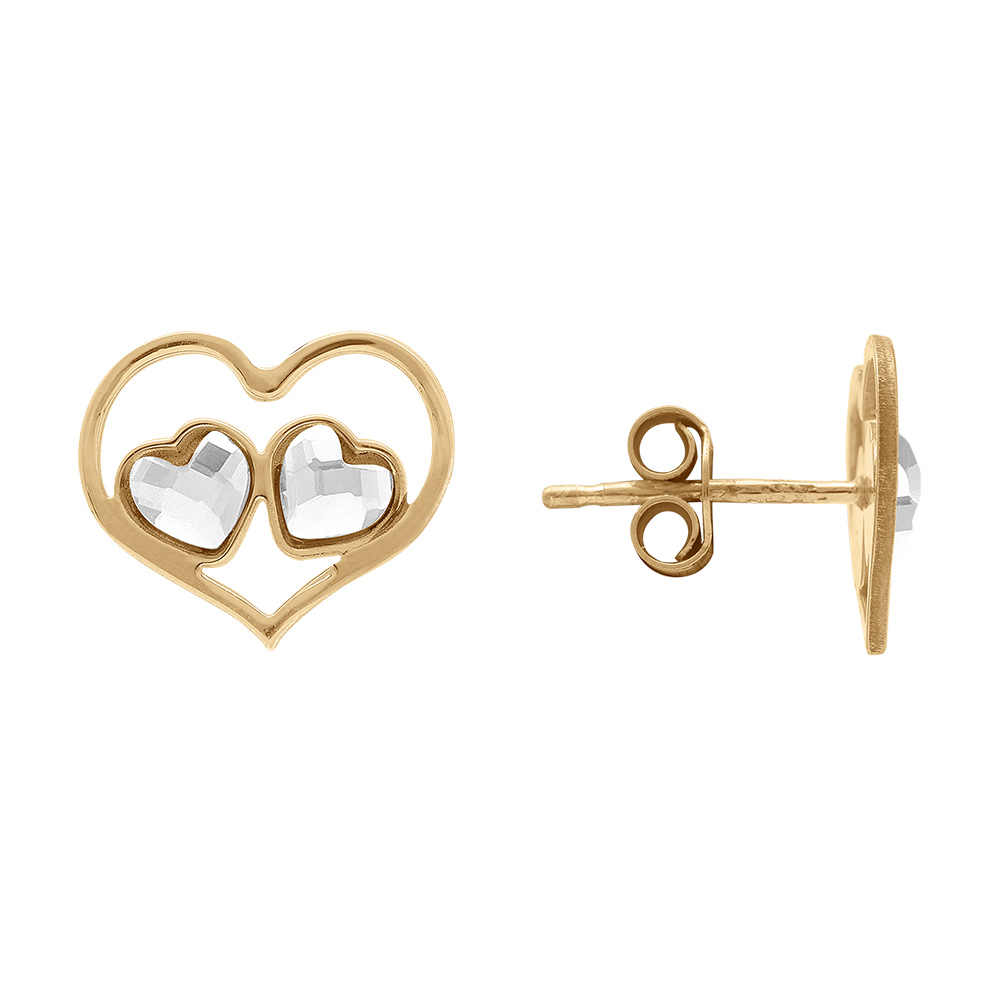 Boucles d\'oreille tige en argent dor� forme coeur ajour� et deux  oxydes blancs - Vue 2
