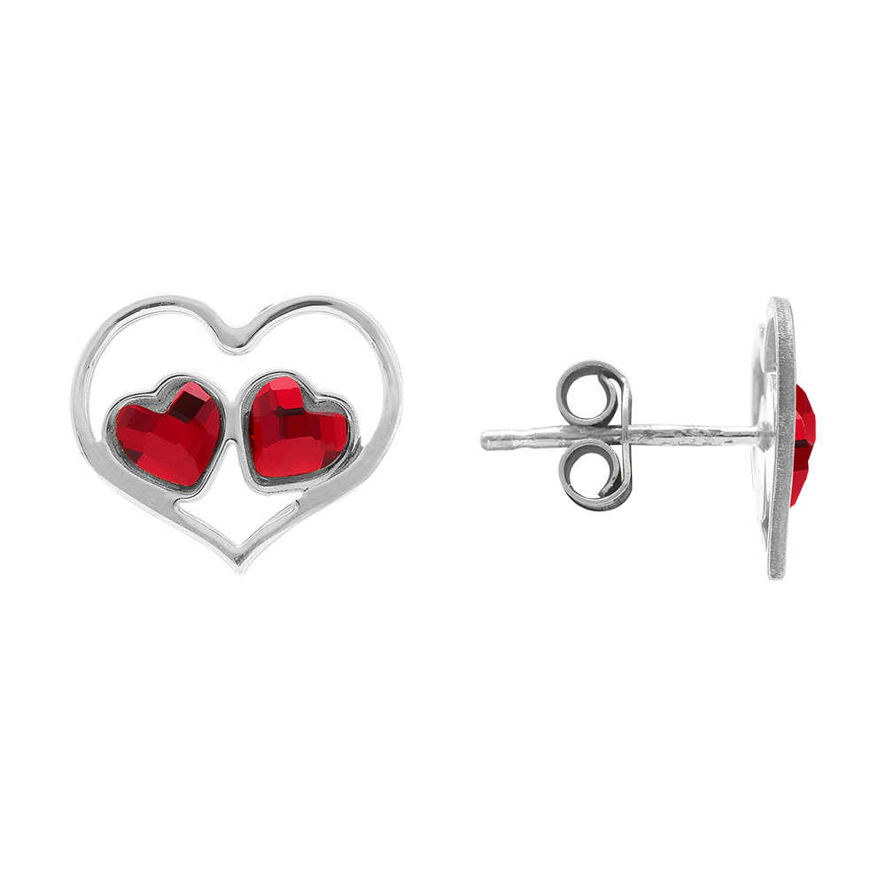 Boucles d\'oreille tige en argent rhodi� forme coeur ajour� et deux oxydes rouges - Vue 2