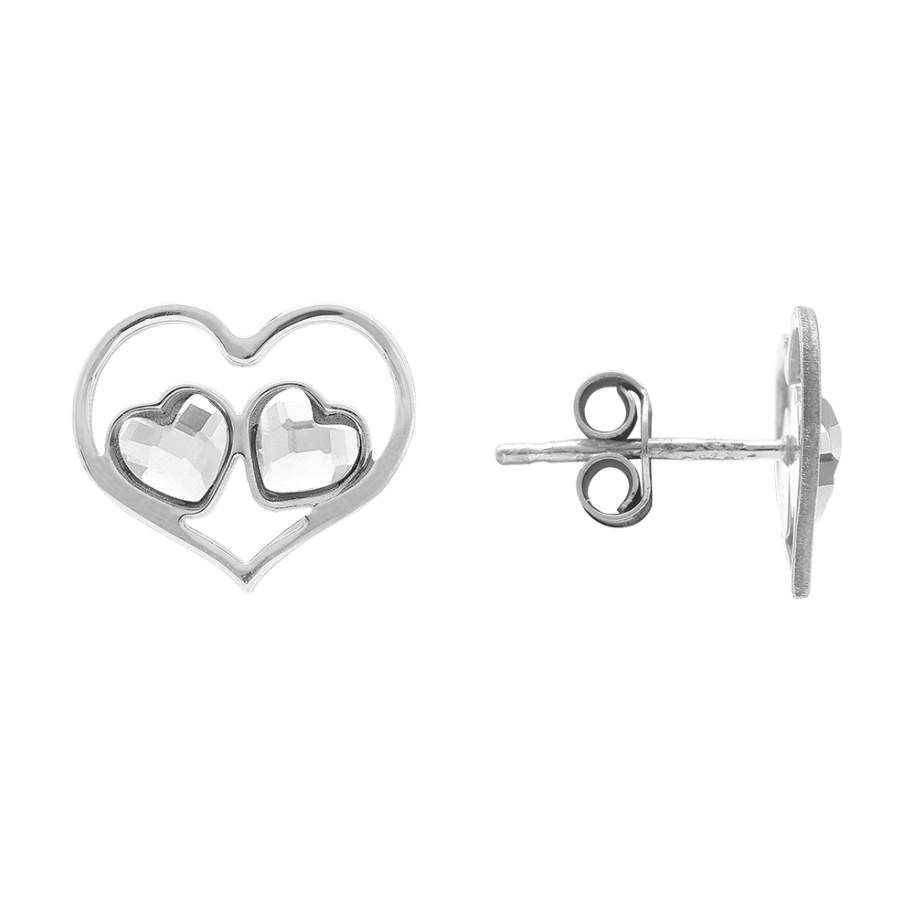 Boucles d\'oreille tige en argent rhodi� forme coeur ajour� et deux oxydes blancs - Vue 2