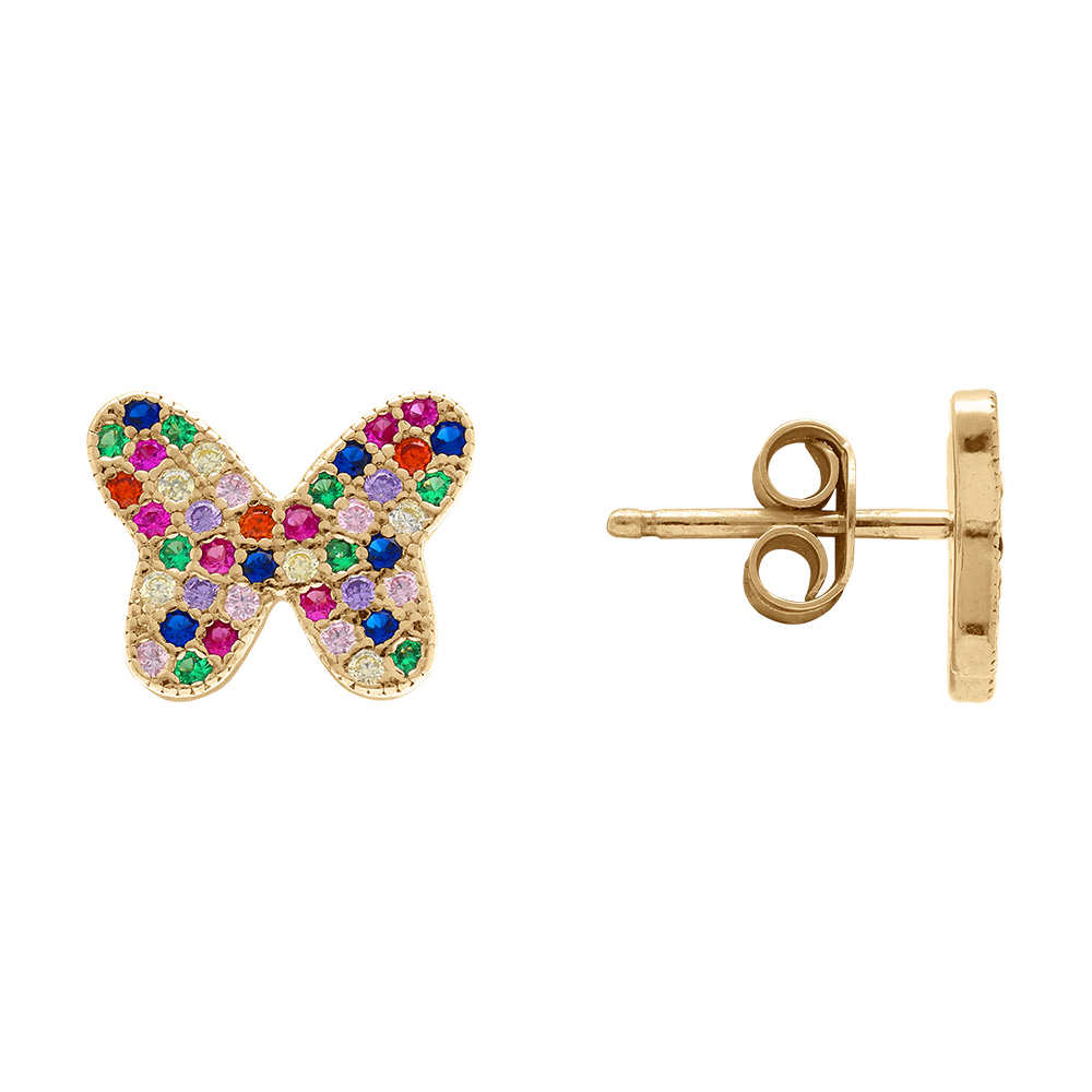 Boucles d\'oreille tige en argent dor� forme papillon avec oxydes multi couleurs sertis - Vue 2