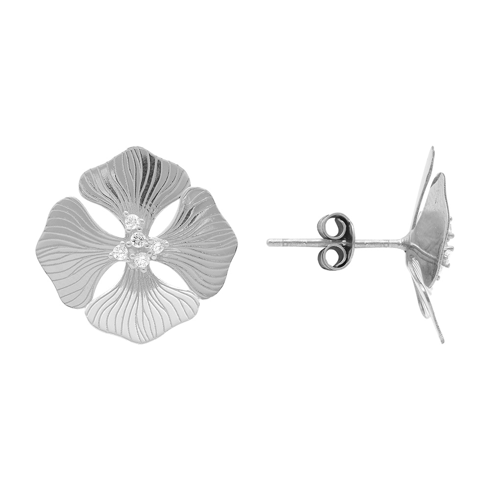 Boucles d\'oreille tige en argent rhodi� motif fleur et oxydes blancs - Vue 2