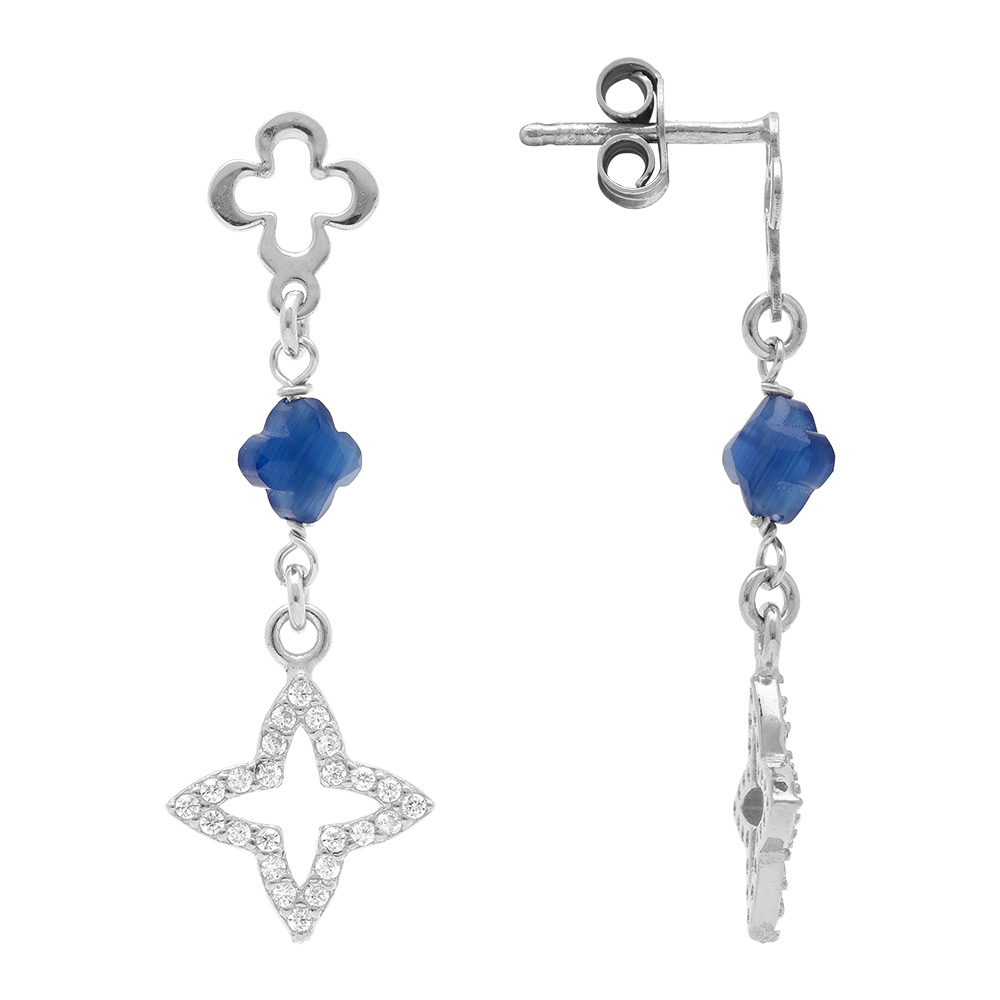Boucles d\'oreille pendante tige en argent rhodi� tr�fles d\' oxydes blancs sertis et r�sine bleue - Vue 2