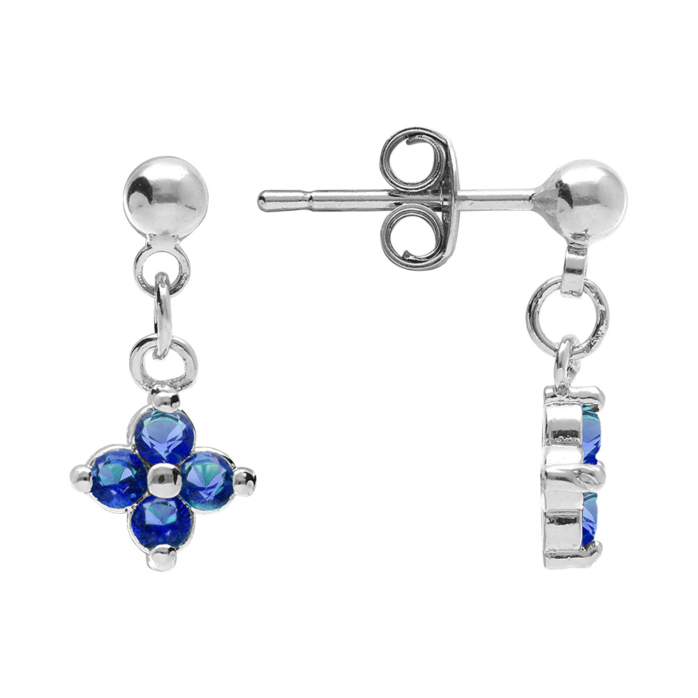 Boucles d\'oreille pendantes tige en argent rhodi� motif fleur d\'oxydes bleus - Vue 2