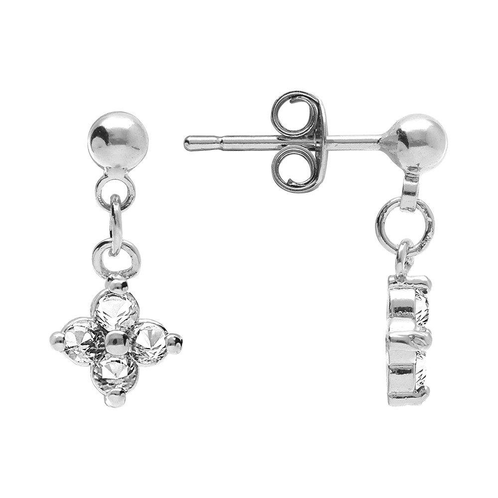 Boucles d\'oreille pendantes tige en argent rhodi� motif fleur d\'oxydes blancs - Vue 2