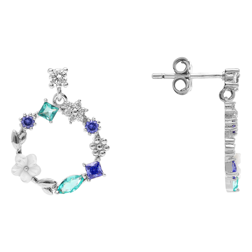 Boucles d\'oreille cr�oles tige en argent rhodi� avec fleurs et oxydes nuance bleu et sa fleur de nacre - Vue 2