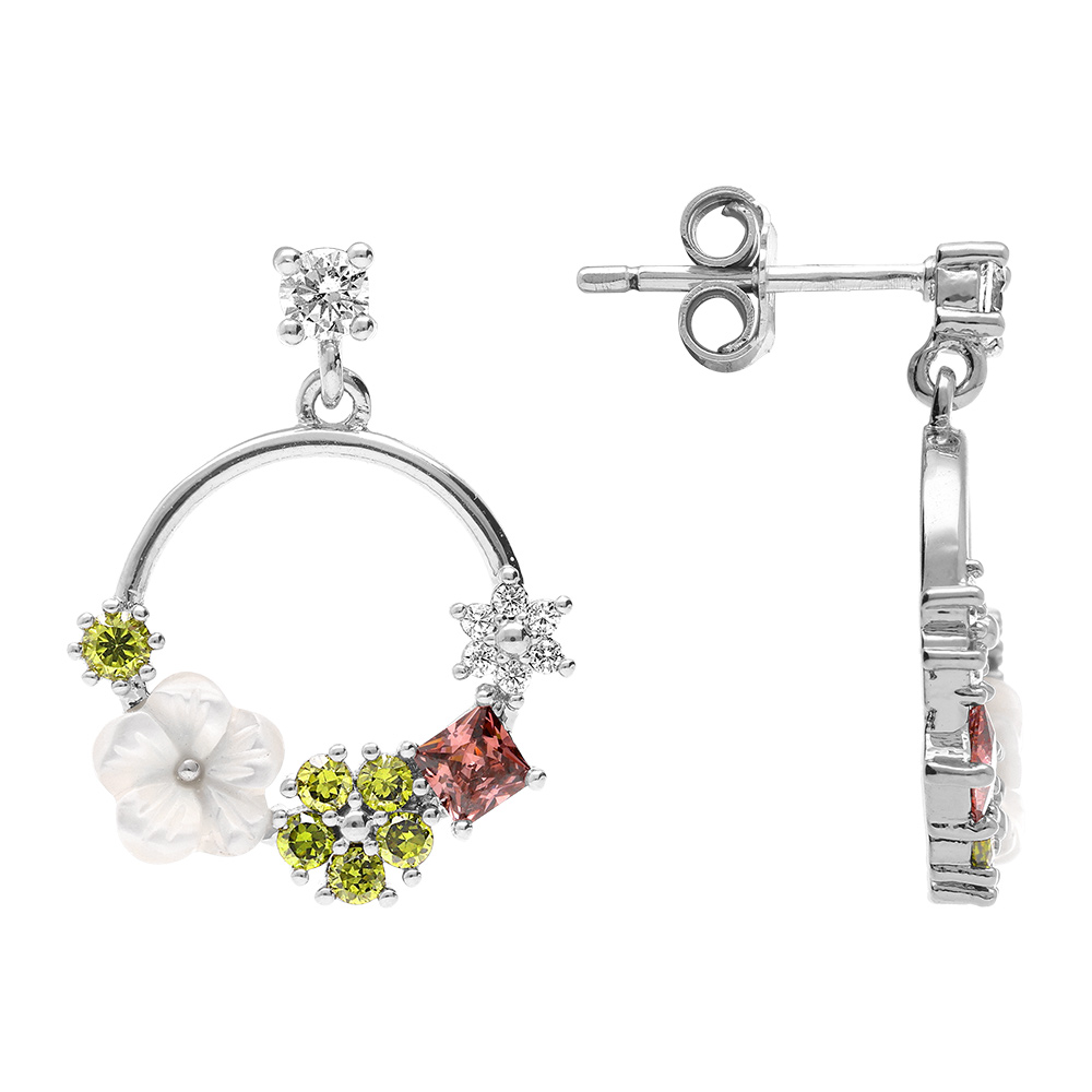 Boucles d\'oreille cr�oles tige en argent rhodi� avec fleurs d\'oxydes color�s et sa fleur de nacre - Vue 2