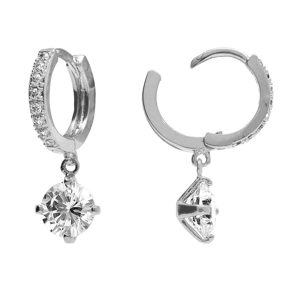 Cr�oles en  argent rhodi� avec coeur pendant d\' oxyde blanc - Vue 2