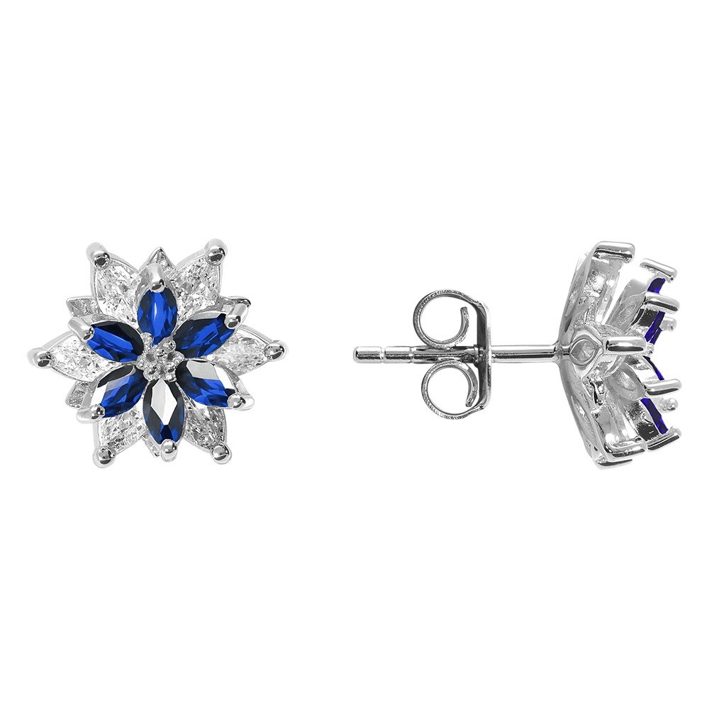 Boucles d\'oreille tige en argent rhodi� 10mm fleur d\'oxydes blancs et bleus sertis - Vue 2