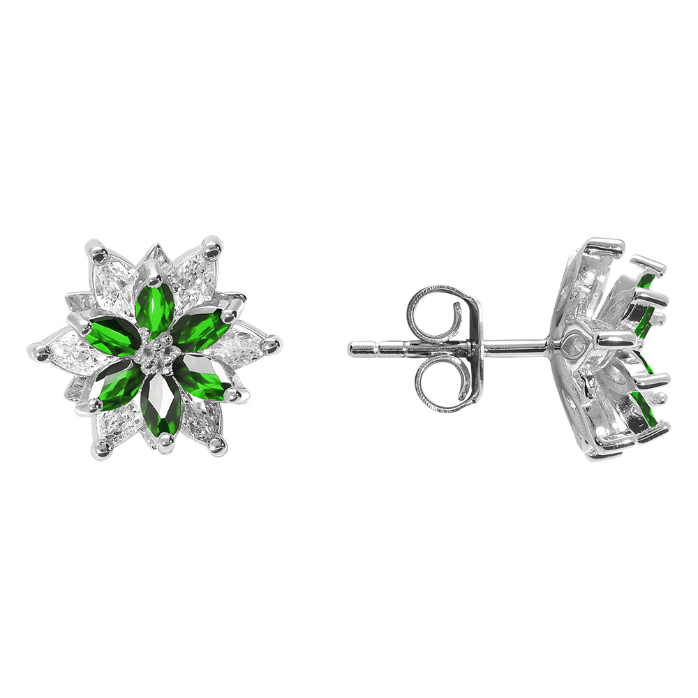 Boucles d\'oreille tige en argent rhodi� 10mm fleur d\'oxydes blancs et vert sertis - Vue 2