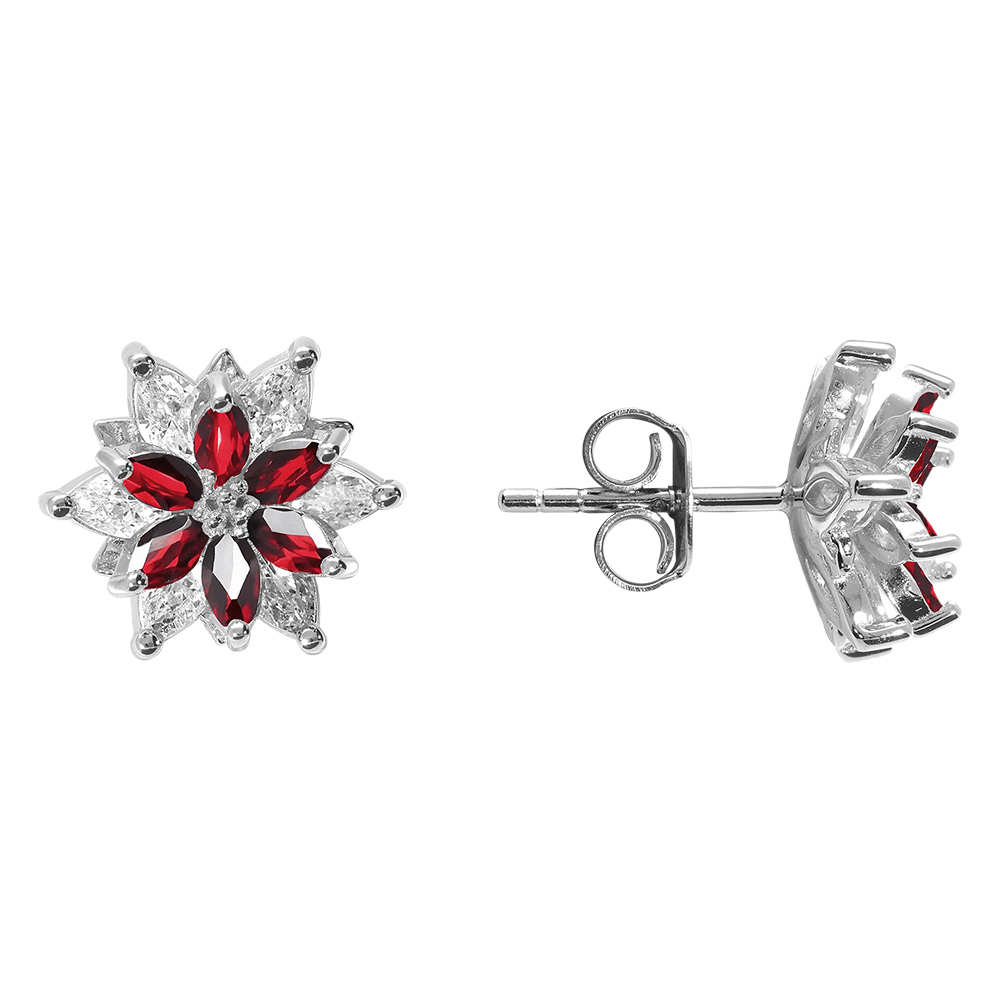 Boucles d\'oreille tige en argent rhodi� 10mm fleur d\'oxydes blancs et rouges sertis - Vue 2