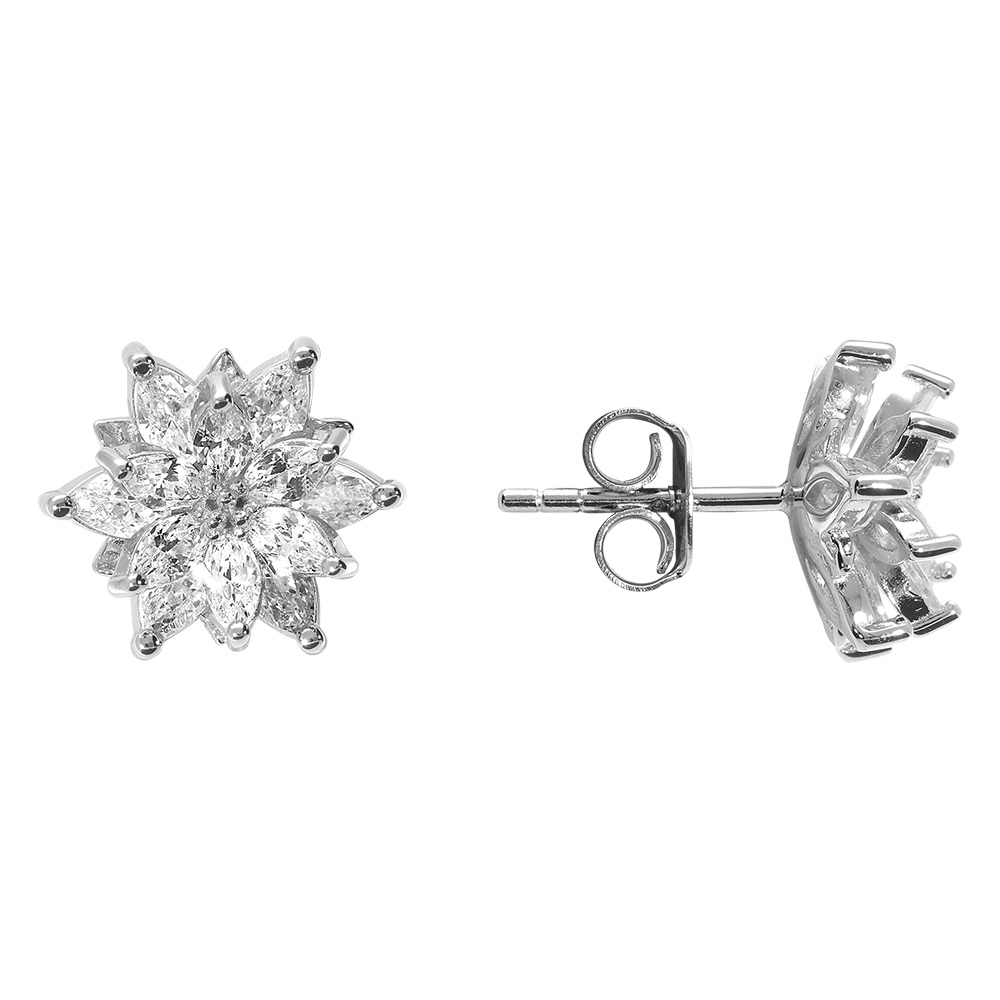 Boucles d\'oreille tige en argent rhodi� fleur d\'oxydes blancs sertis - Vue 2
