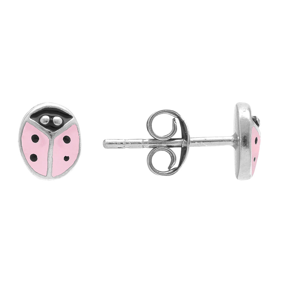 Boucles d\'oreille tige en argent rhodi� puce coccinelle rose - Vue 2