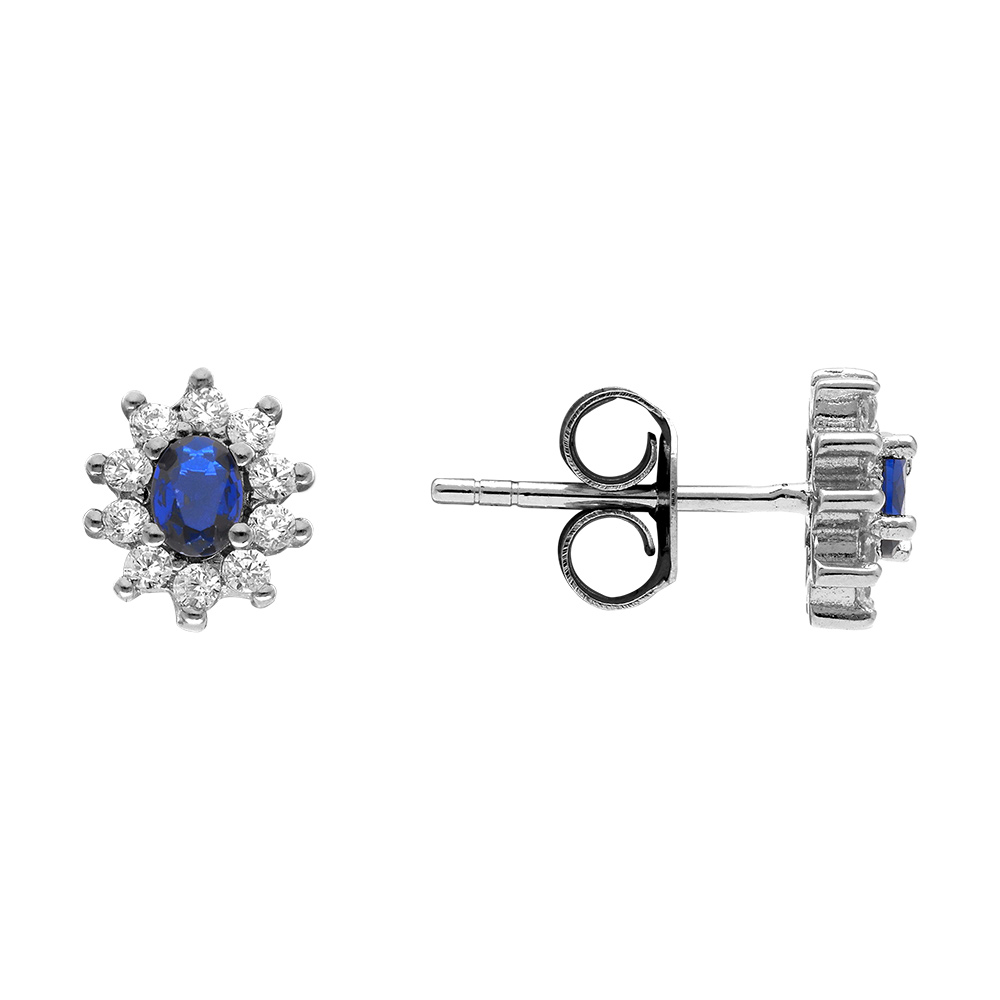 Boucles d\'oreilles en argent rhodi� collection joaillerie pierre centrale bleu fonc� contour oxydes blancs sertis et fermoir poussette - Vue 2