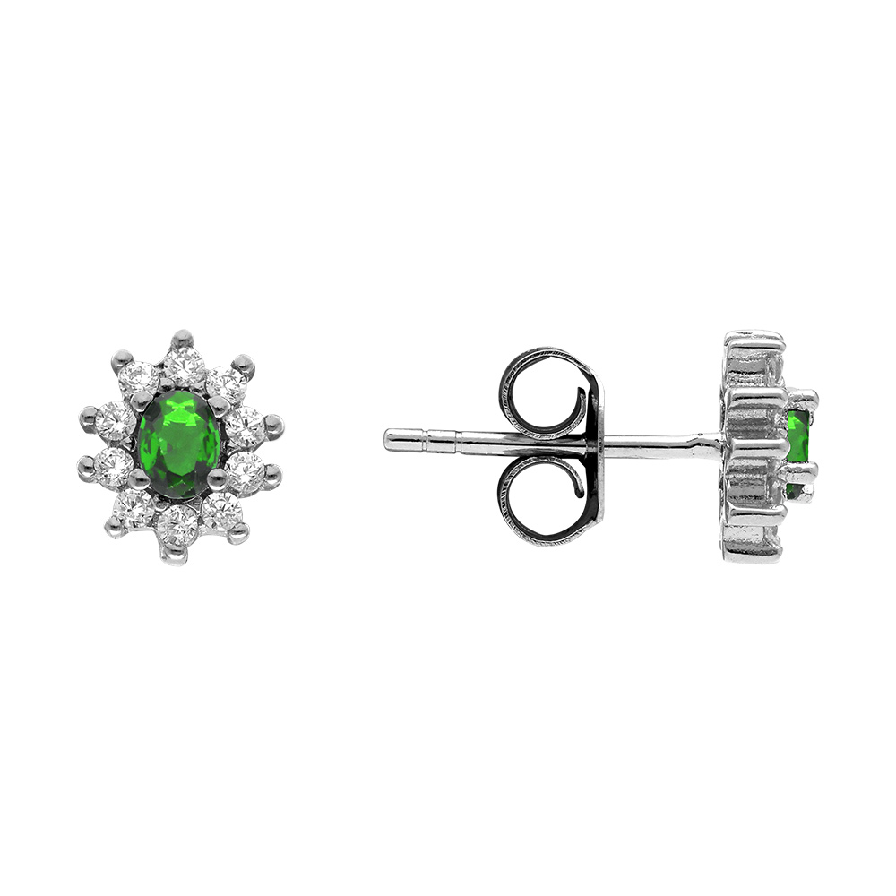 Boucles d\'oreilles en argent rhodi� collection joaillerie pierre centrale vert contour oxydes blancs sertis et fermoir poussette - Vue 2