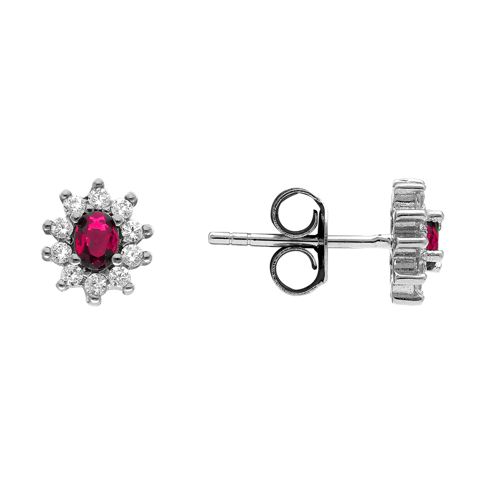 Boucles d\'oreilles en argent rhodi� collection joaillerie pierre centrale rouge contour oxydes blancs sertis et fermoir poussette - Vue 2