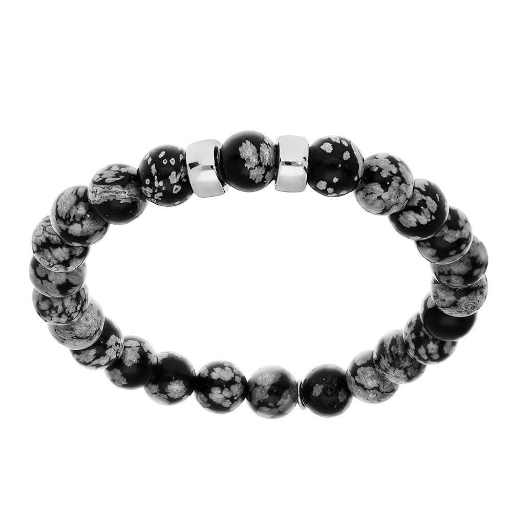 Bracelet extensible en argent platin� avec boules Obsidienne gris v�ritable et 2 charms � graver - Vue 2