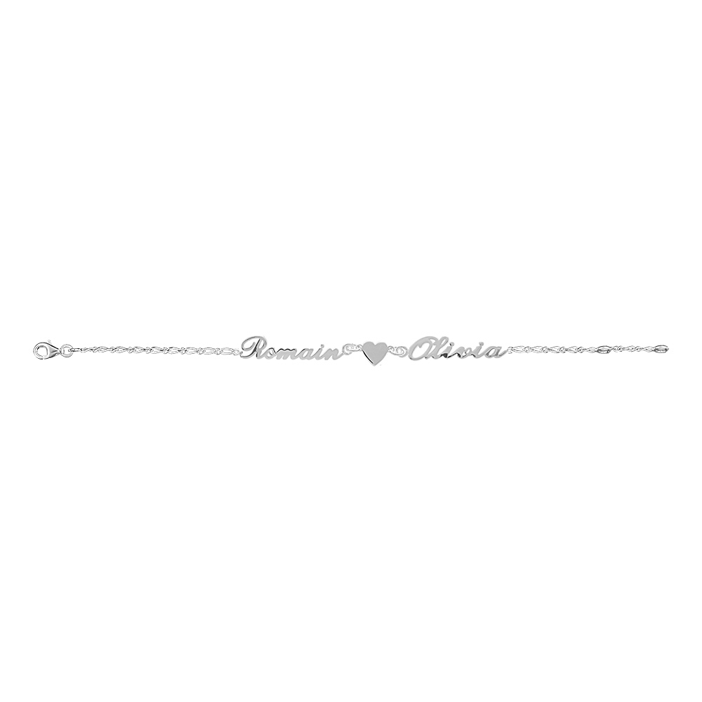 Bracelet en argent cha�ne mailles 1+1 largeur 2mm avec d�coupe anglaise 2 pr�noms s�par�s par un coeur - longueur 18,5cm r�glable 17cm - Vue 2