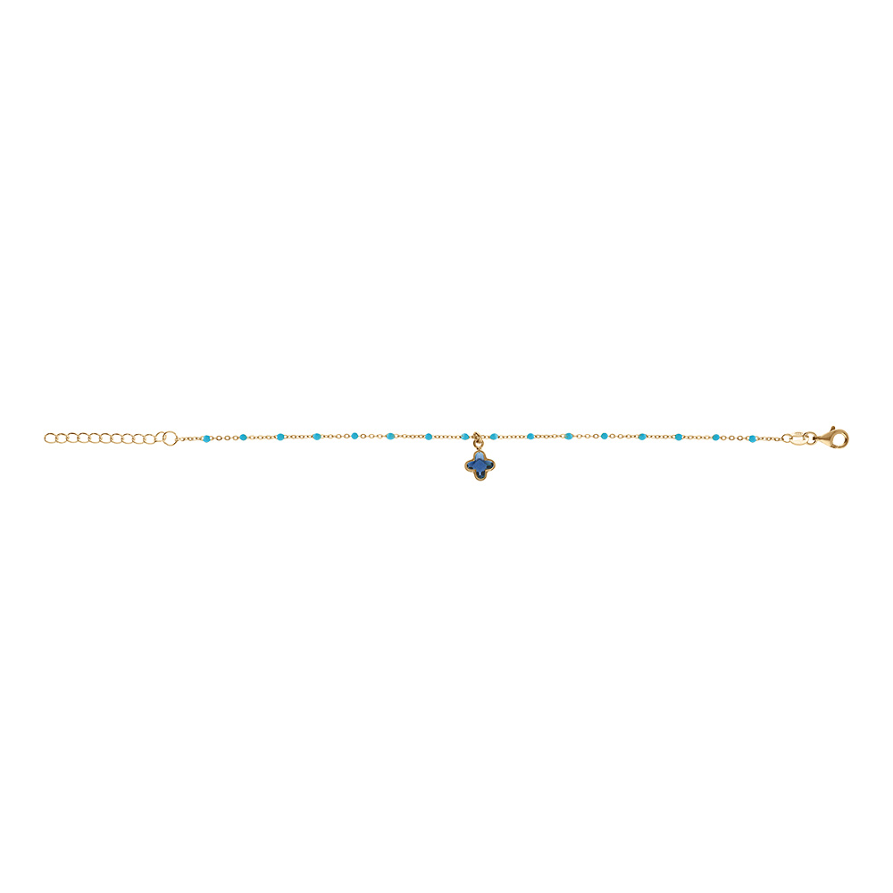 Bracelet en argent dor� boules r�sine turquoise et pampille tr�fle cristal bleu - 15+3cm - Vue 2