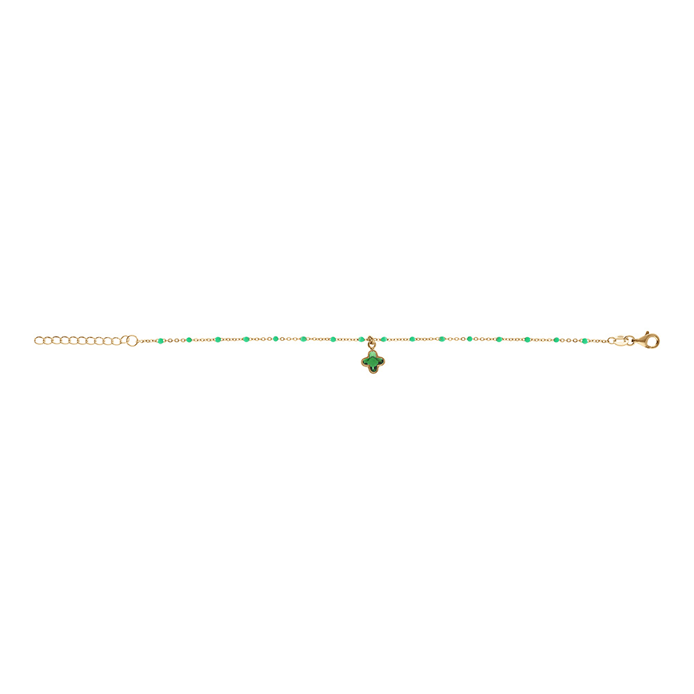 Bracelet en argent dor� boules r�sine verte et pampille tr�fle cristal vert - 15+3cm - Vue 2