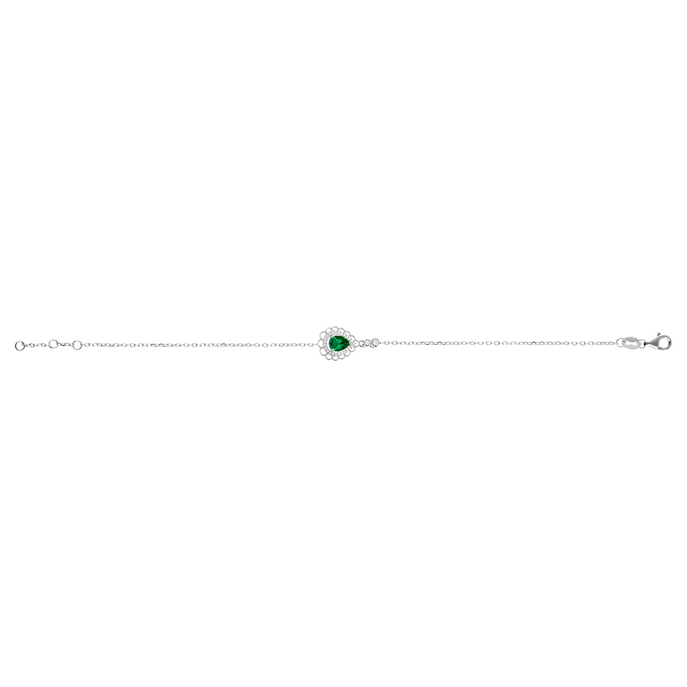 Bracelet en argent rhodi� goutte oxyde vert serti contour oxydes blancs sertis et dentell� - 15+3cm - Vue 2