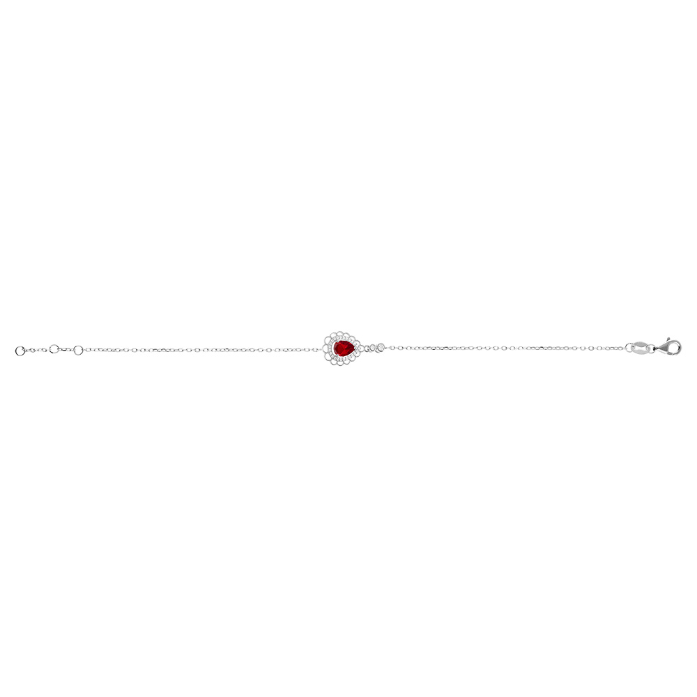 Bracelet en argent rhodi� goutte oxyde rouge serti contour oxydes blancs sertis et dentell� -15+3cm - Vue 2