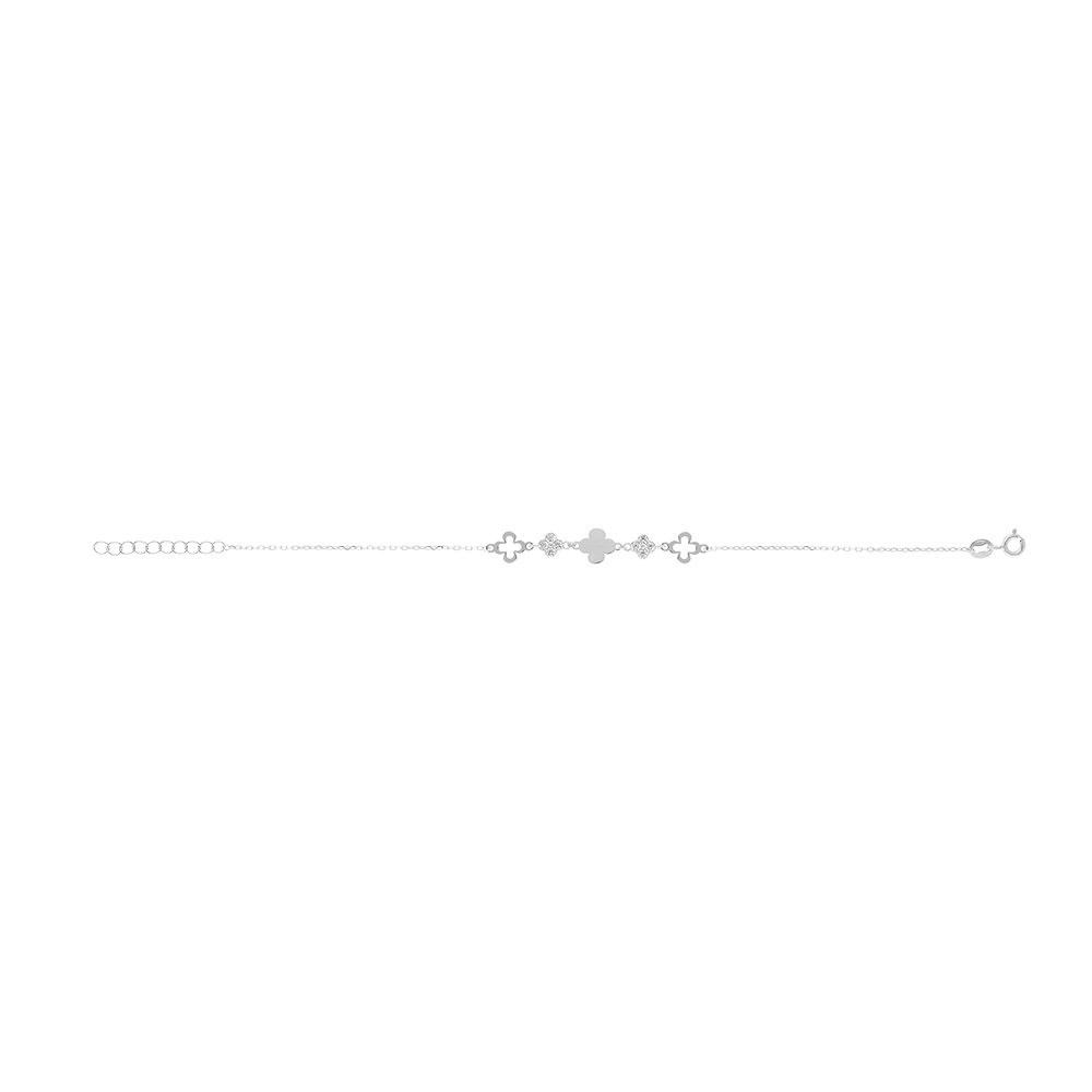 Bracelet en argent tr�fles lisses et tr�fles avec oxydes blancs - 15+3cm - Vue 2