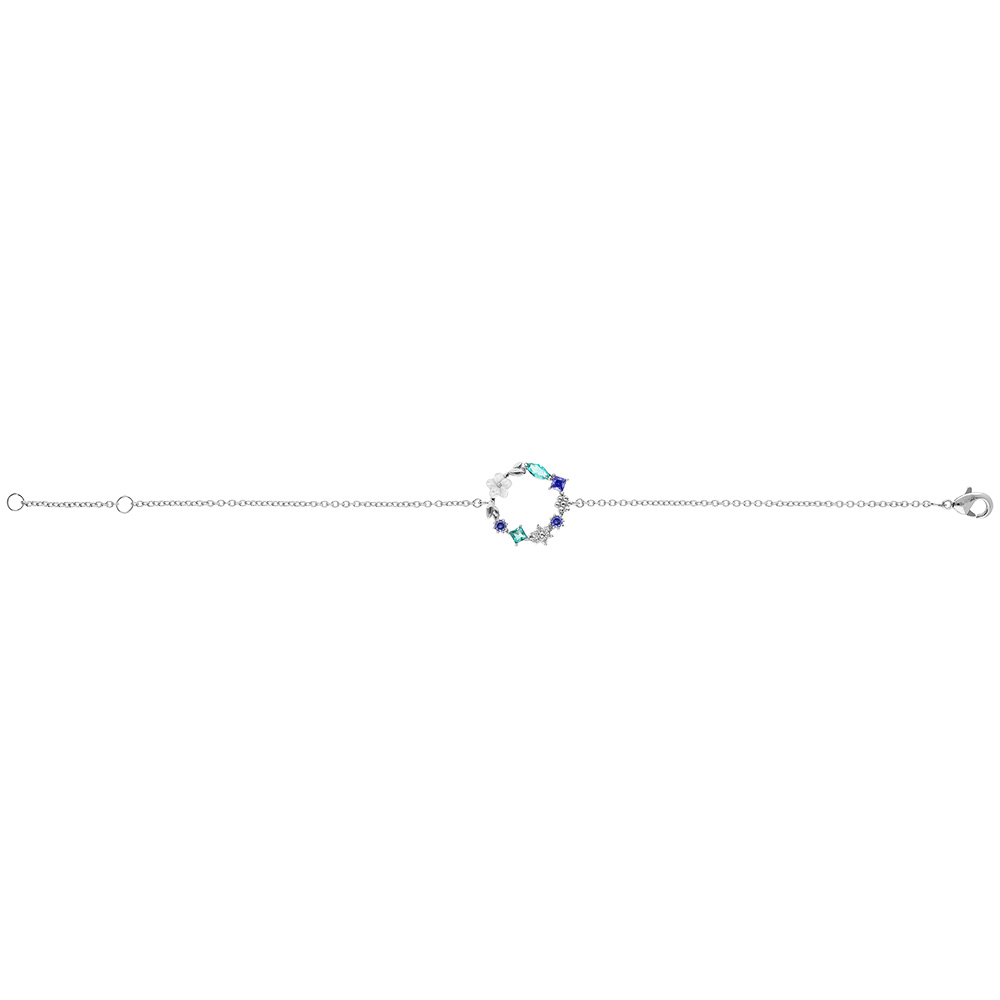 Bracelet argent rhodi� rond avec fleurs d\'ioxydes nuance bleue et sa fleur de nacre blanche -16+2cm - Vue 2