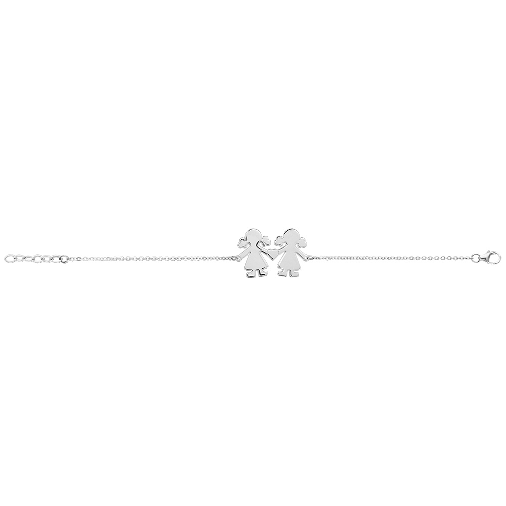Bracelet en argent cha�ne avec 2 petites filles reli�es par un coeur au milieu - longueur 16cm + 3cm de rallonge - Vue 2
