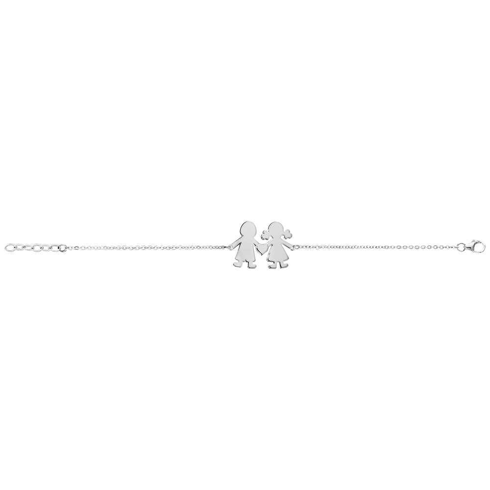 Bracelet en argent cha�ne avec 1 petite fille et 1 petit gar�on reli�s par un coeur au milieu - longueur 16cm + 3cm de rallonge - Vue 2
