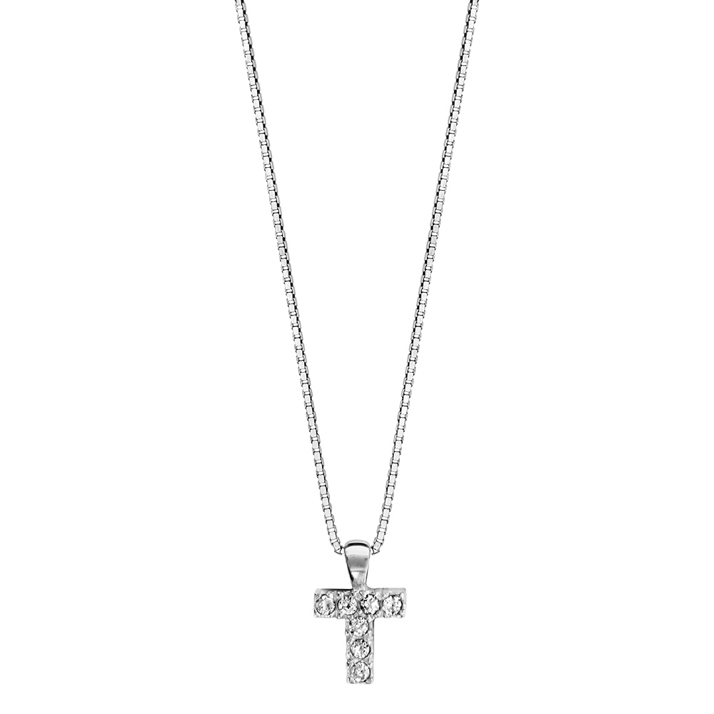 Collier en argent rhodi� cha�ne avec pendentif initiale T orn�e d\'oxydes blancs - longueur 45cm - Vue 2