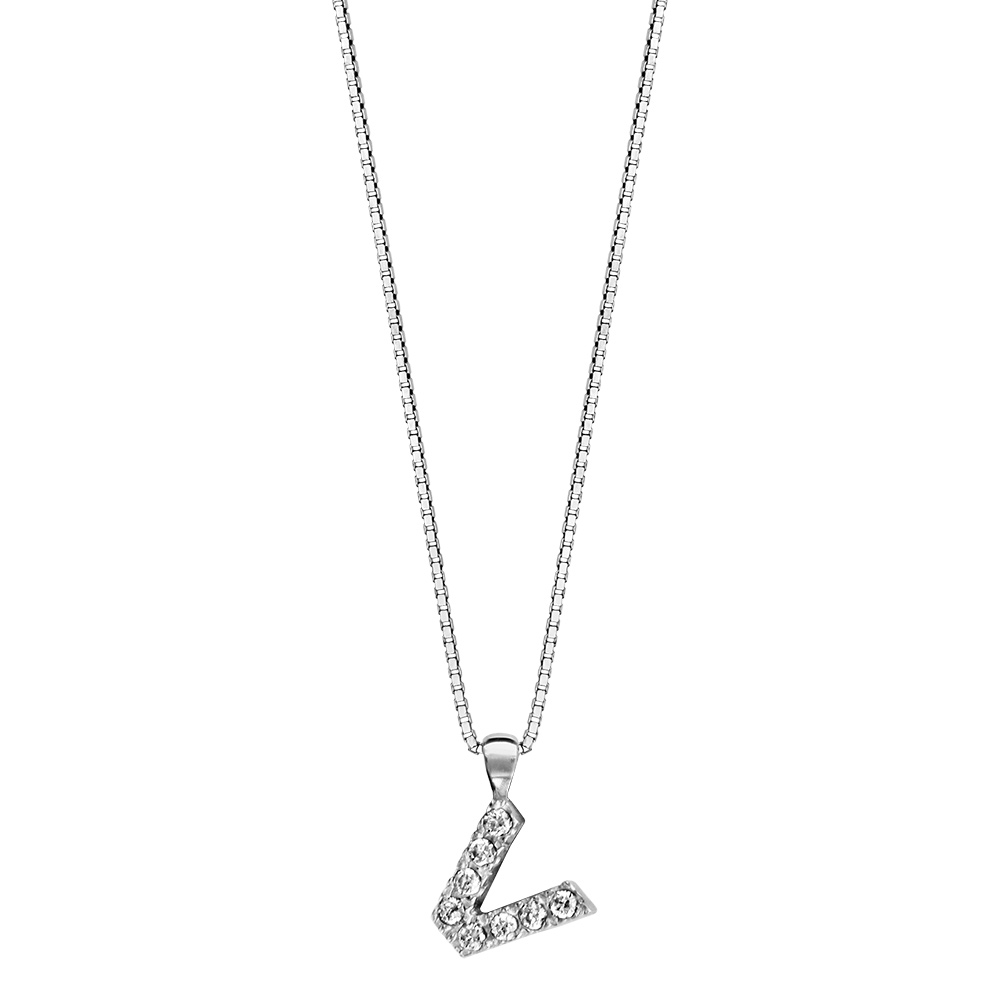 Collier en argent rhodi chane avec pendentif initiale V orne d\'oxydes blancs - longueur 45cm - Vue 2