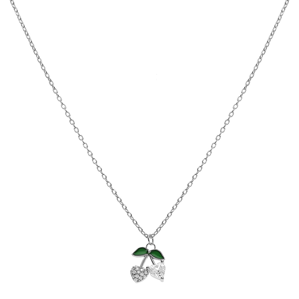 Collier argent rhodi� pendentif cerise oxydes forme coeur blancs et verts r�glable 39 � 43cm - Vue 2