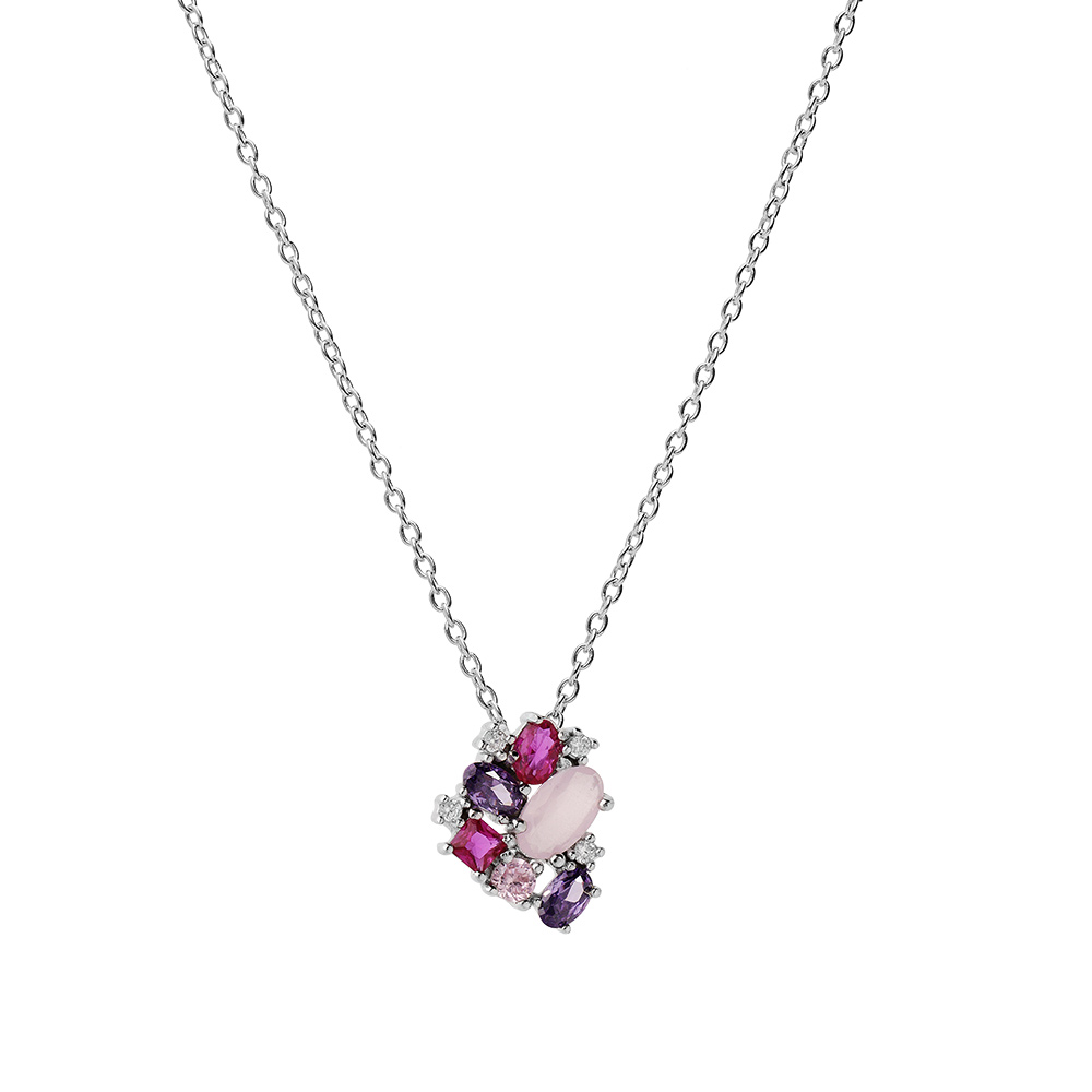 Collier en argent rhodi� cha�ne avec pendentif g�om�trie oxydes roses et violets 42+3cm - Vue 2