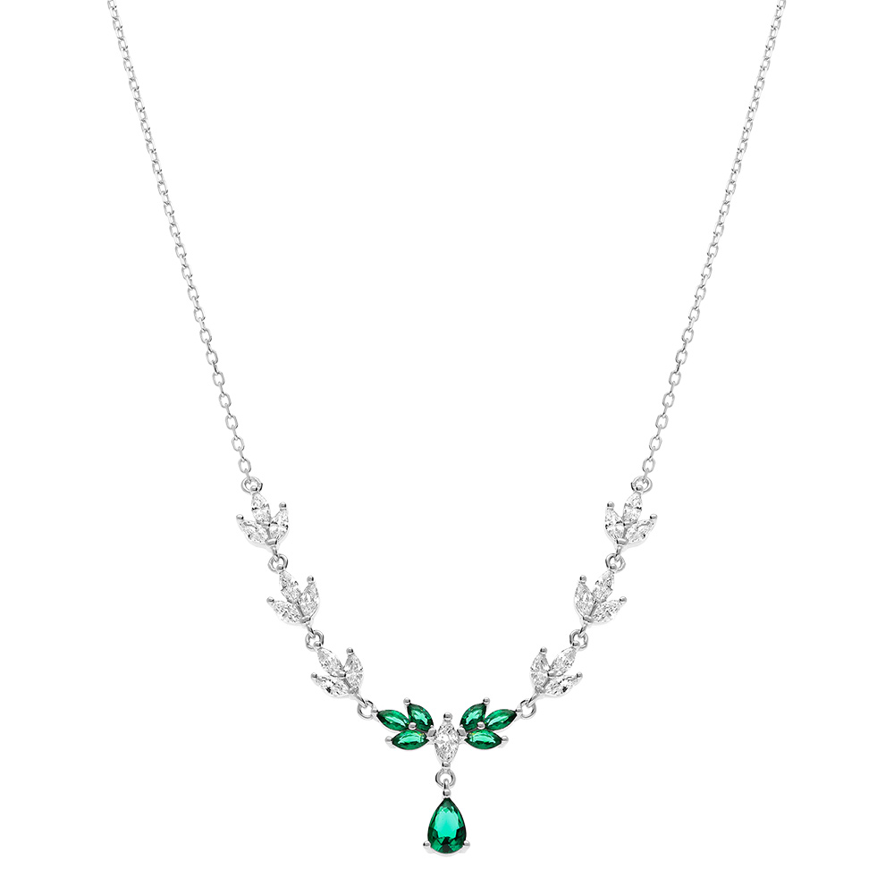 Collier en argent rhodi� avec oxydes vert et blanc - 42+3cm - Vue 2