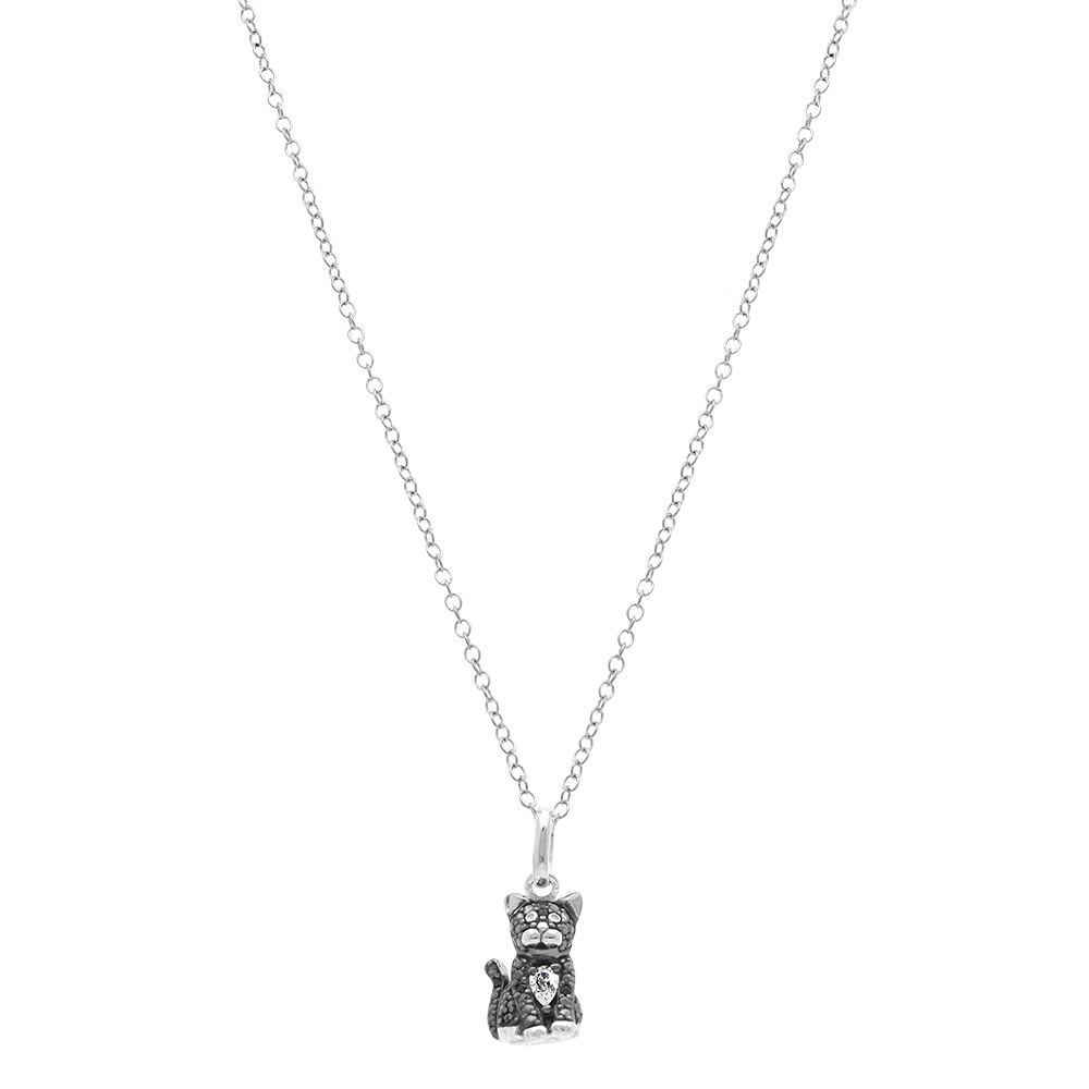Collier en argent rhodi� pendentif chat avec oxydes noirs et blancs - 38+5cm - Vue 2