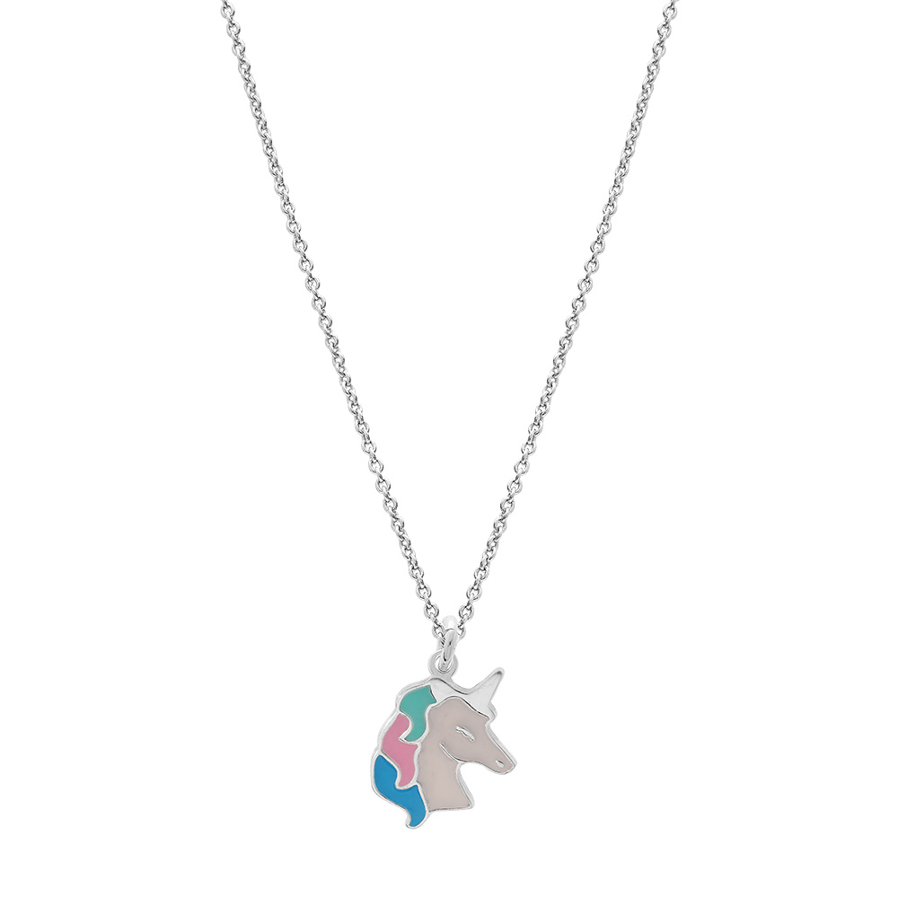 Collier en argent rhodi� cha�ne avec pendentif licorne blanche et pastel 35+5cm - Vue 2