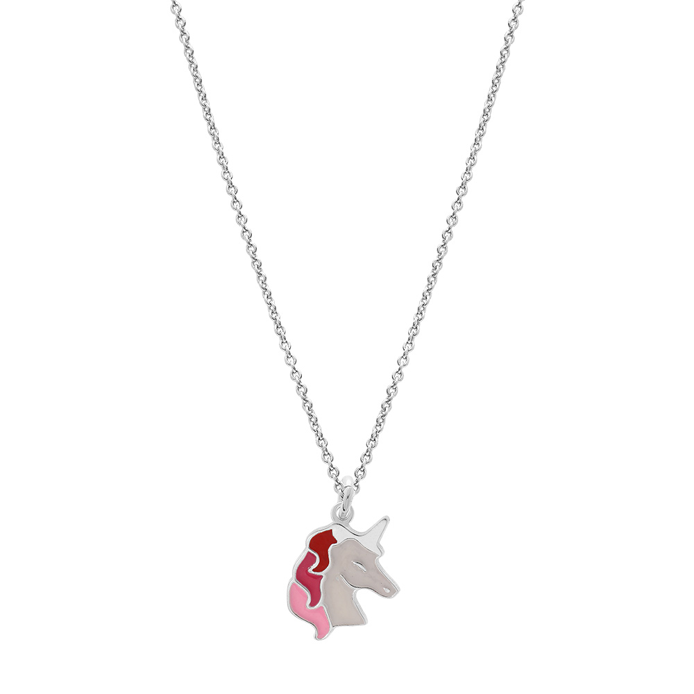 Collier en argent rhodi� cha�ne avec pendentif licorne blanche et rose 35+5cm - Vue 2