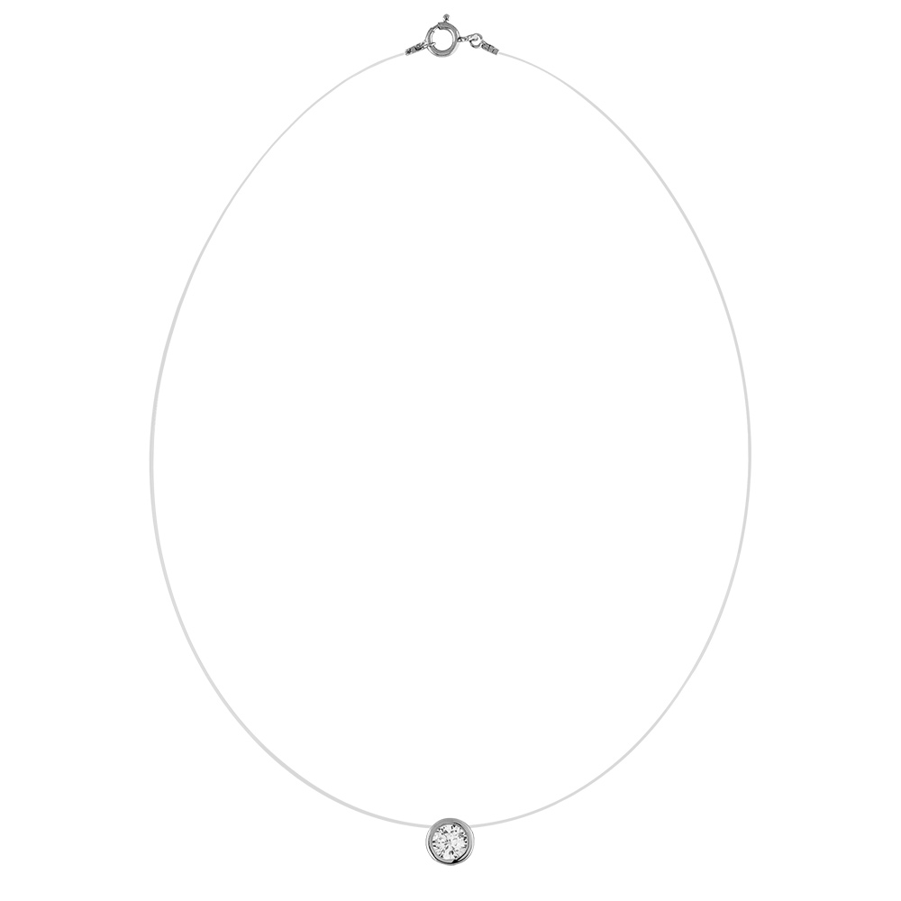 Collier solitaire en argent rhodi� c�ble en nylon avec pendentif rond serti, pierre 7mm blanche - longueur 40cm - Vue 2