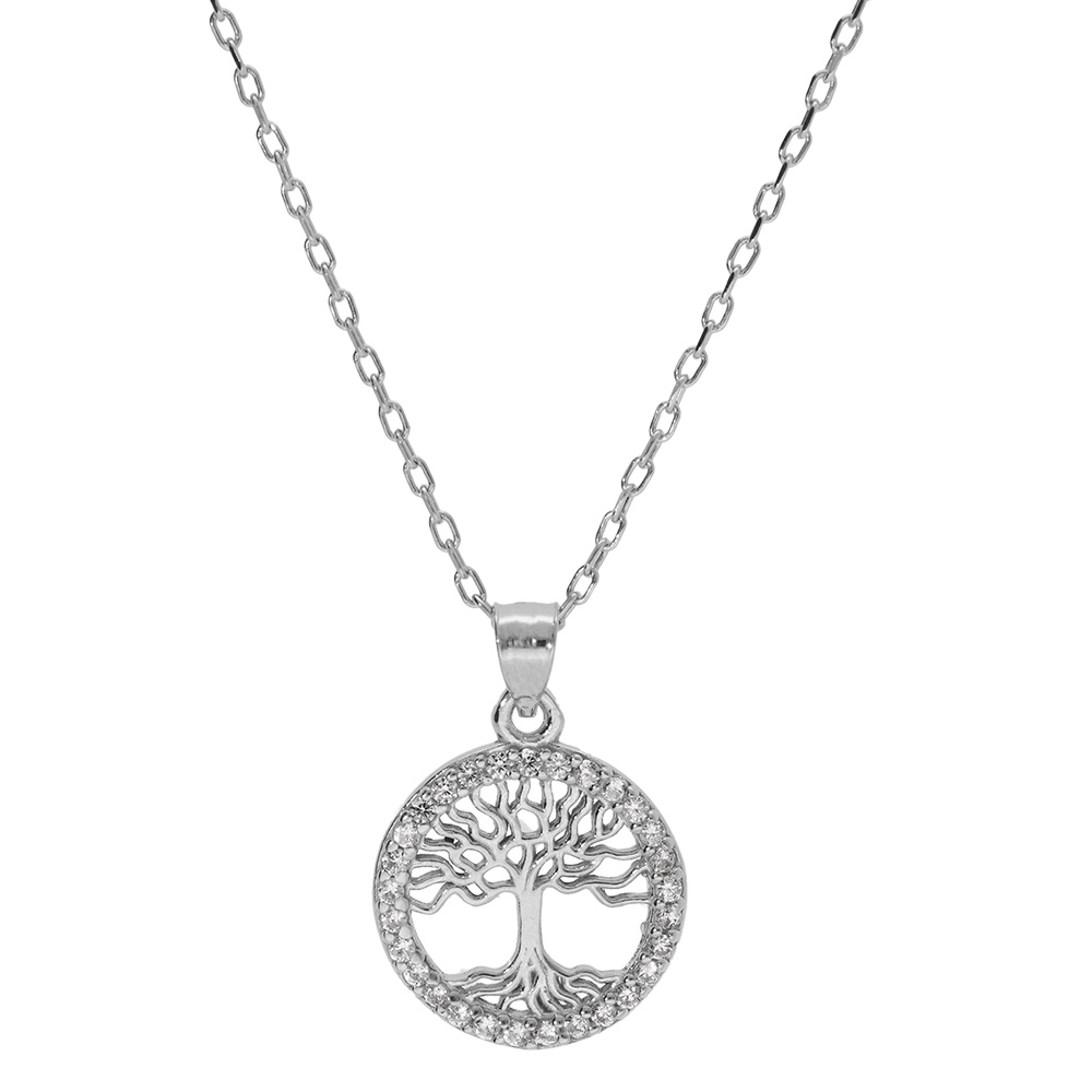 Collier argent rhodi� pendentif arbre de vie contour oxydes blancs sertis 40+5cm - Vue 2