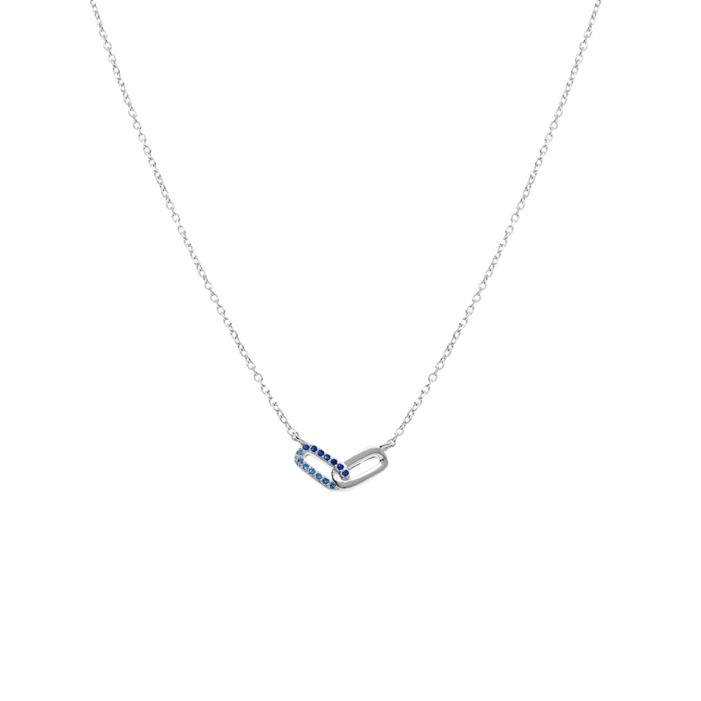 Collier en argent rhodi� deux rectangles entrelac�s un  lisse un avec oxydes bleus sertis - 39+4cm - Vue 2